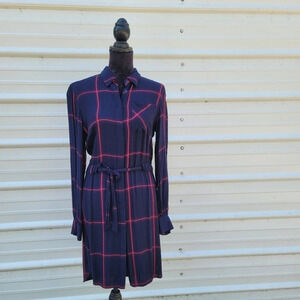 NWOT A New Day Tunic Shirt Dress Plaid Soft Flannel Waist Tie Button Navy Red M